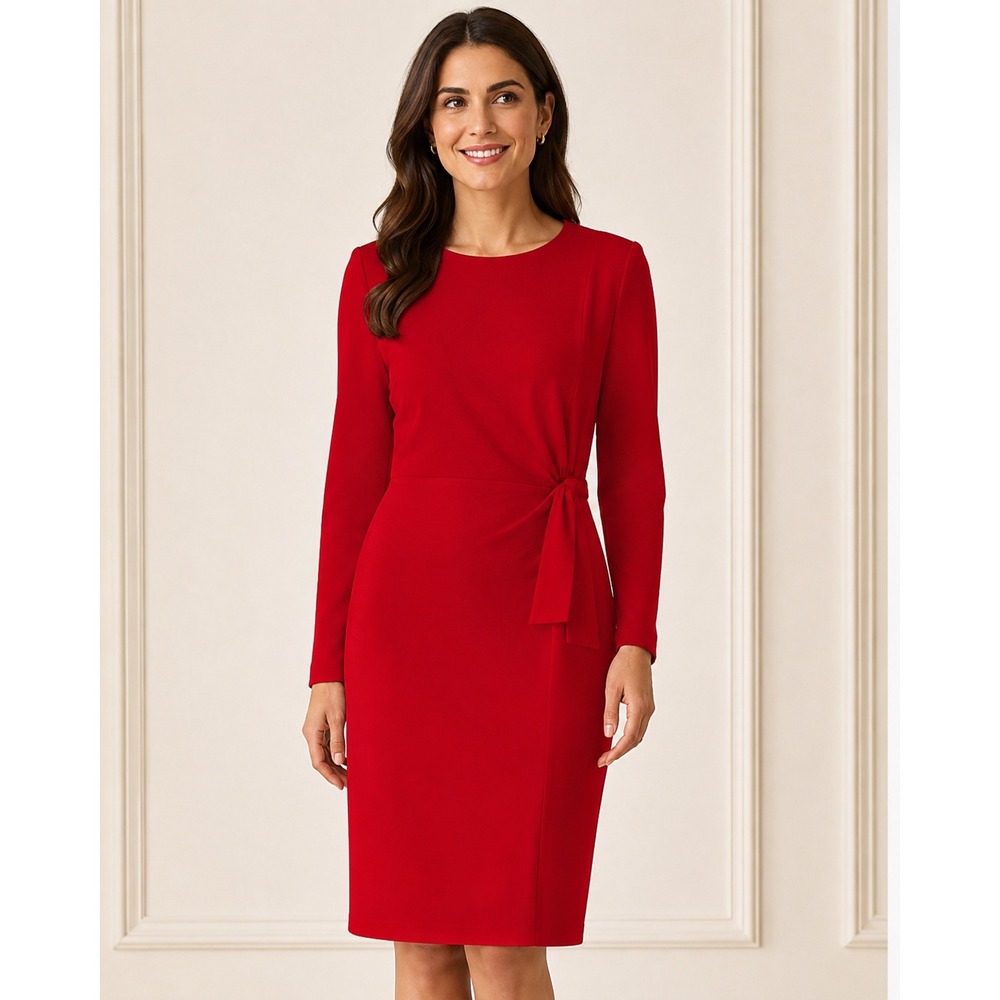 David Warren Size 8 Red Long Sleeve Tie Waist Sheath Dress Career Workwear